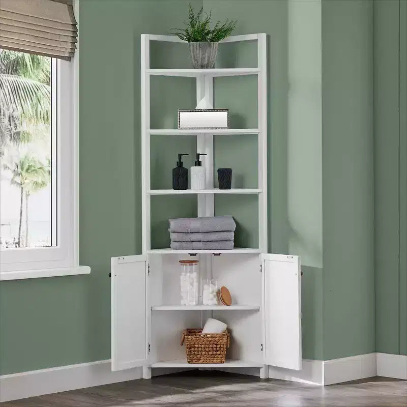 Corner Storage Cabinet with Two Doors and Open Shelving, White, 25"W x 18"D x 68"H