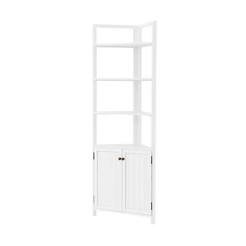 Corner Storage Cabinet with Two Doors and Open Shelving, White, 25"W x 18"D x 68"H