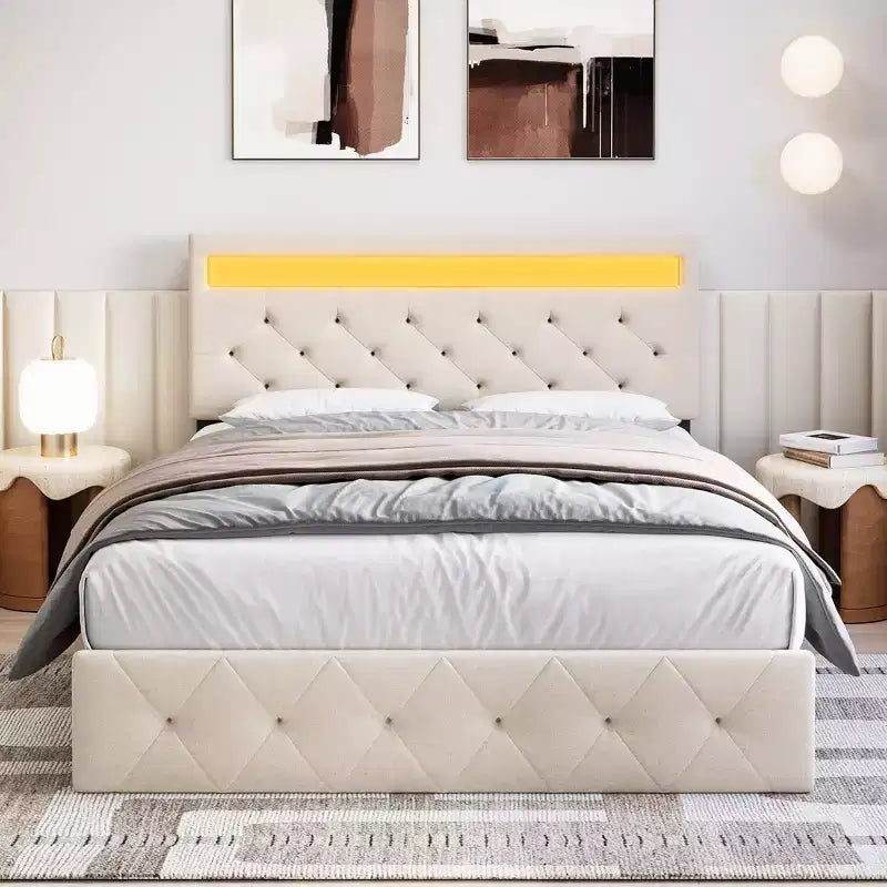 Upholstered Platform Bed Frame with Lighted Headboard and Fast-Charging USB Port, No Box Spring Needed