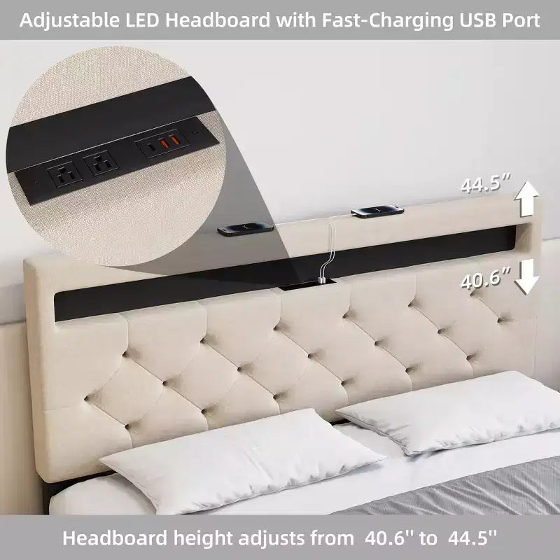 Upholstered Platform Bed Frame with Lighted Headboard and Fast-Charging USB Port, No Box Spring Needed