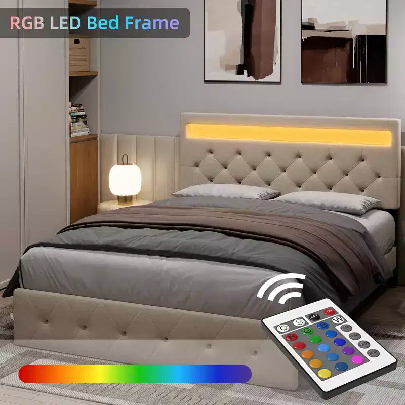 Upholstered Platform Bed Frame with Lighted Headboard and Fast-Charging USB Port, No Box Spring Needed