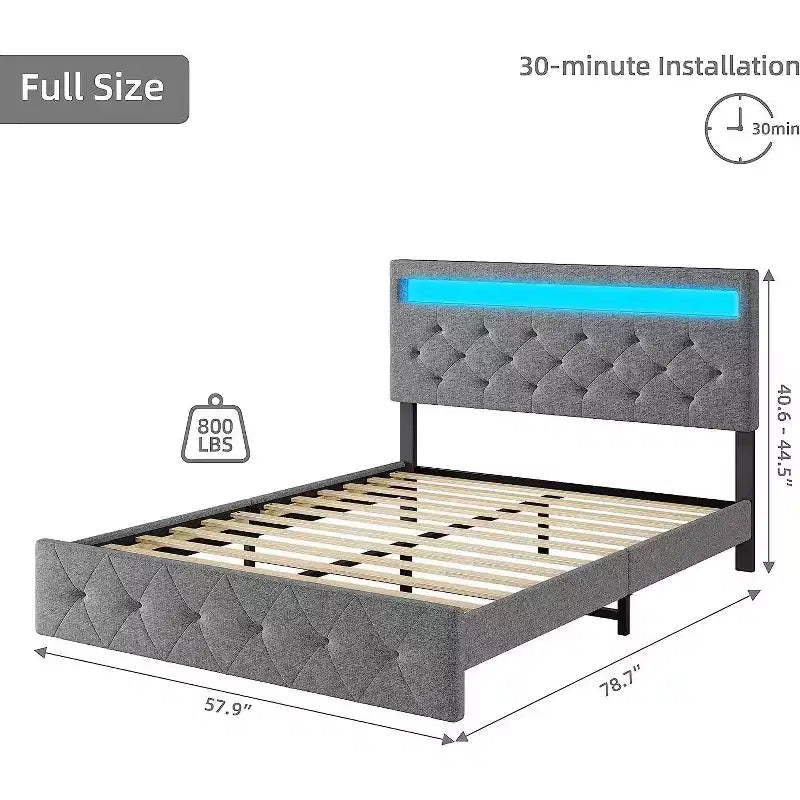 Upholstered Platform Bed Frame with Lighted Headboard and Fast-Charging USB Port, No Box Spring Needed