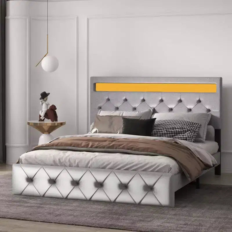 Upholstered Platform Bed Frame with Lighted Headboard and Fast-Charging USB Port, No Box Spring Needed