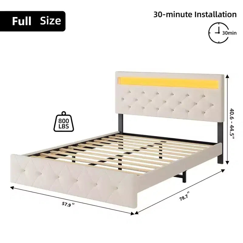 Upholstered Platform Bed Frame with Lighted Headboard and Fast-Charging USB Port, No Box Spring Needed