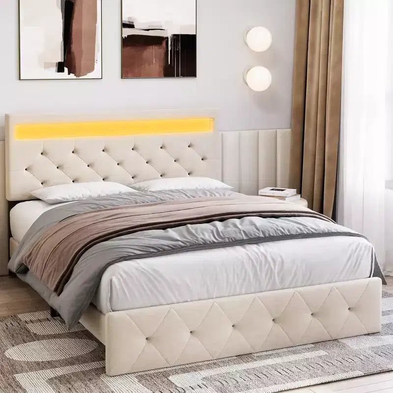 Upholstered Platform Bed Frame with Lighted Headboard and Fast-Charging USB Port, No Box Spring Needed