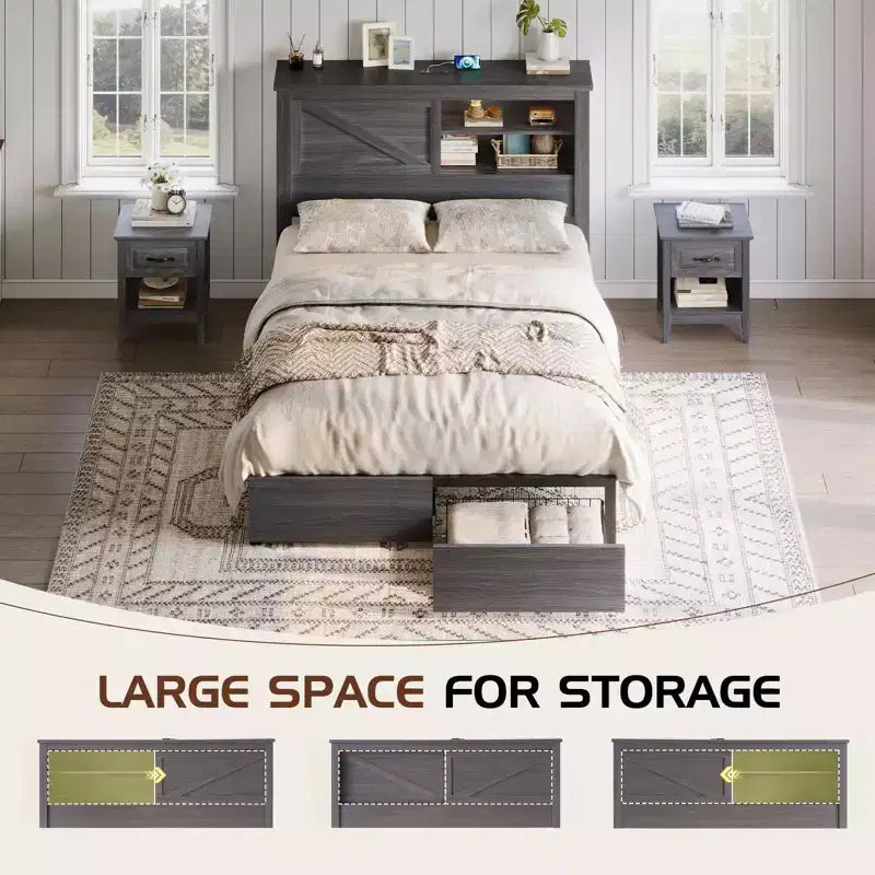 47.2" Bed Frame with Bookcase Headboard, Charging Station and 2 Drawers
