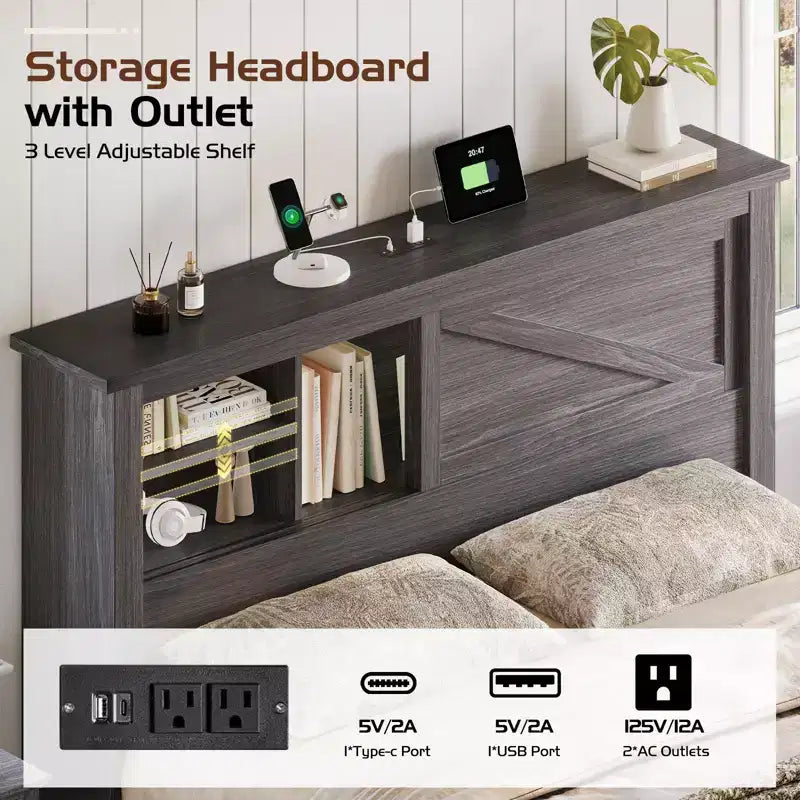 47.2" Bed Frame with Bookcase Headboard, Charging Station and 2 Drawers
