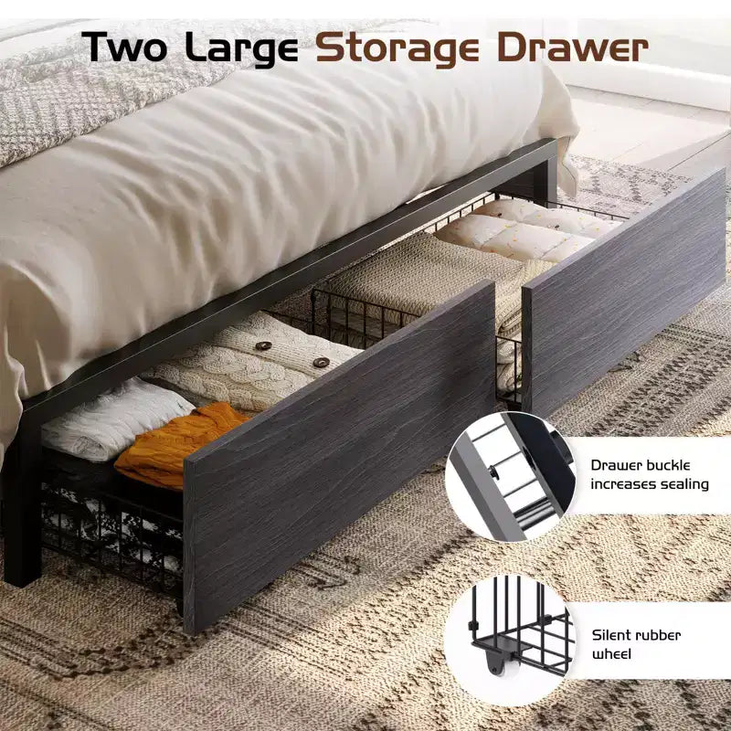 47.2" Bed Frame with Bookcase Headboard, Charging Station and 2 Drawers