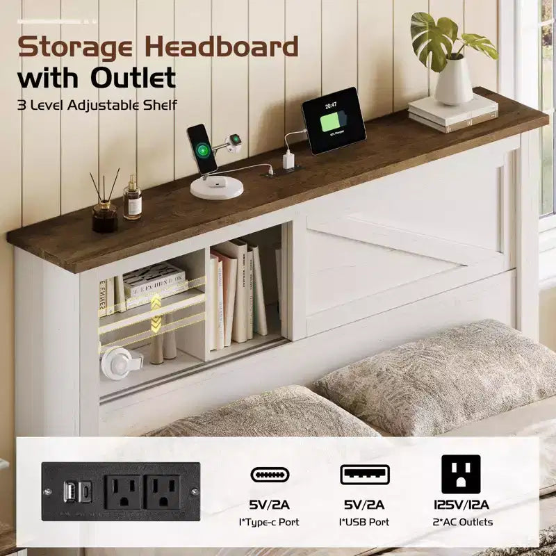 47.2" Bed Frame with Bookcase Headboard, Charging Station and 2 Drawers