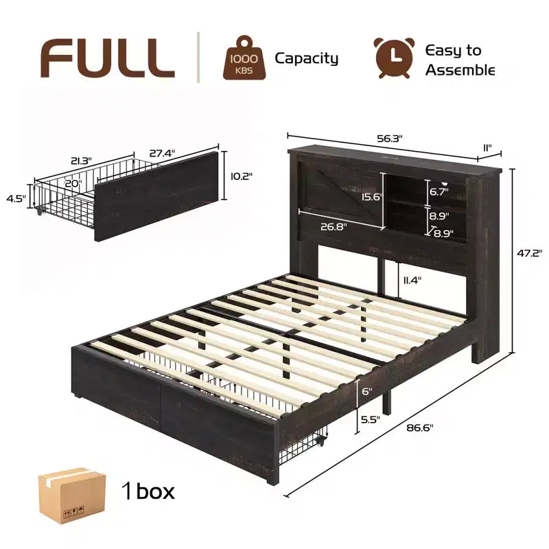 47.2" Bed Frame with Bookcase Headboard, Charging Station and 2 Drawers