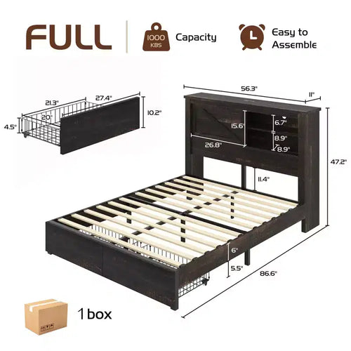 47.2" Bed Frame with Bookcase Headboard, Charging Station and 2 Drawers