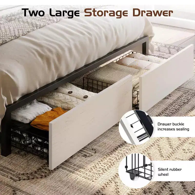47.2" Bed Frame with Bookcase Headboard, Charging Station and 2 Drawers