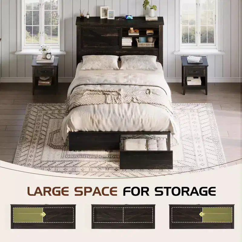 47.2" Bed Frame with Bookcase Headboard, Charging Station and 2 Drawers
