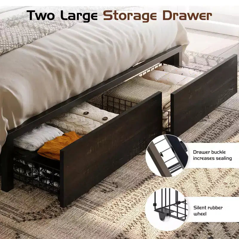 47.2" Bed Frame with Bookcase Headboard, Charging Station and 2 Drawers