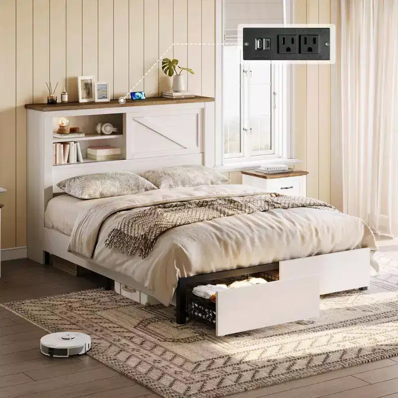 47.2" Bed Frame with Bookcase Headboard, Charging Station and 2 Drawers