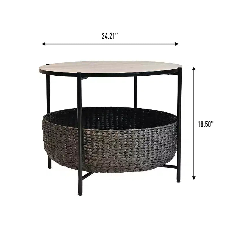 Modern Coastal Round Acacia Wood & Water Hyacinth Coffee Table with Storage Basket