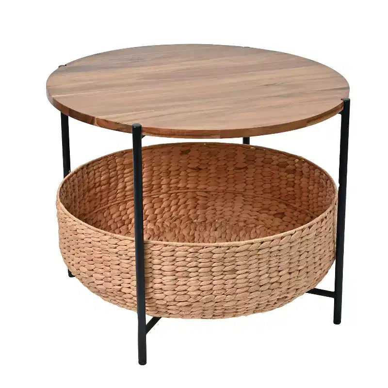 Modern Coastal Round Acacia Wood & Water Hyacinth Coffee Table with Storage Basket