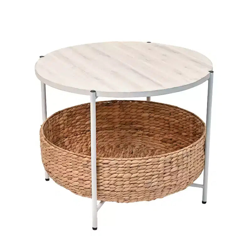 Modern Coastal Round Acacia Wood & Water Hyacinth Coffee Table with Storage Basket
