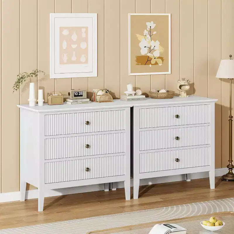 Fluted 3 Drawer Dresser, Wide Dresser Nightstand, Modern Wood Chest of Drawers, Large Painted Storage Cabinet for Closet, Hallway, Entryway, Bedroom