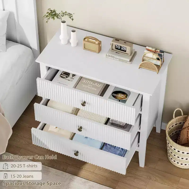 Fluted 3 Drawer Dresser, Wide Dresser Nightstand, Modern Wood Chest of Drawers, Large Painted Storage Cabinet for Closet, Hallway, Entryway, Bedroom