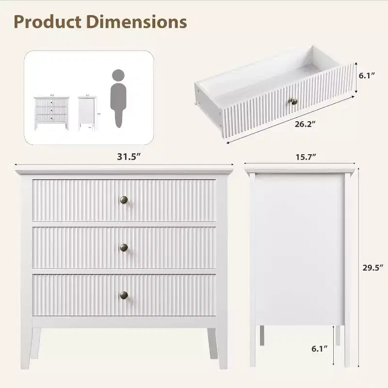 Fluted 3 Drawer Dresser, Wide Dresser Nightstand, Modern Wood Chest of Drawers, Large Painted Storage Cabinet for Closet, Hallway, Entryway, Bedroom