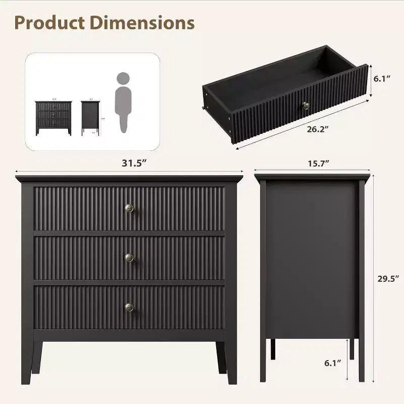 Fluted 3 Drawer Dresser, Wide Dresser Nightstand, Modern Wood Chest of Drawers, Large Painted Storage Cabinet for Closet, Hallway, Entryway, Bedroom