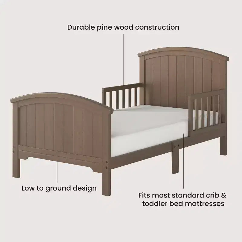 Arch Top Toddler Bed for Kids with Guard Rails, Low to Ground Design, Made of Pinewood, Clean Lines Match Any Decor