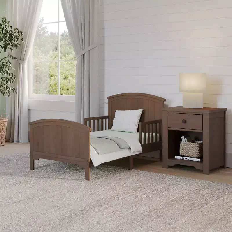 Arch Top Toddler Bed for Kids with Guard Rails, Low to Ground Design, Made of Pinewood, Clean Lines Match Any Decor