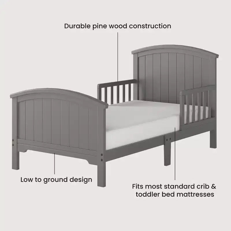 Arch Top Toddler Bed for Kids with Guard Rails, Low to Ground Design, Made of Pinewood, Clean Lines Match Any Decor
