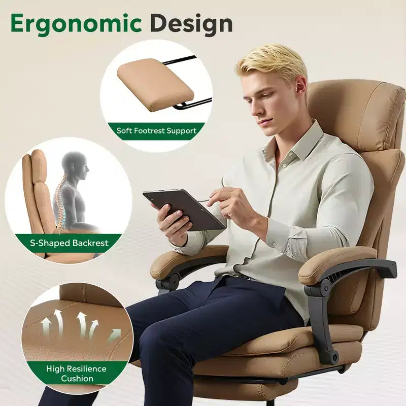 Executive Leather Home Office Chair with Footrest, High Back Ergonomic Desk Chair, Big and Tall with Lumbar Support