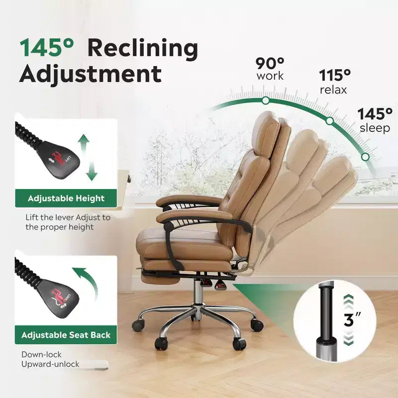 Executive Leather Home Office Chair with Footrest, High Back Ergonomic Desk Chair, Big and Tall with Lumbar Support