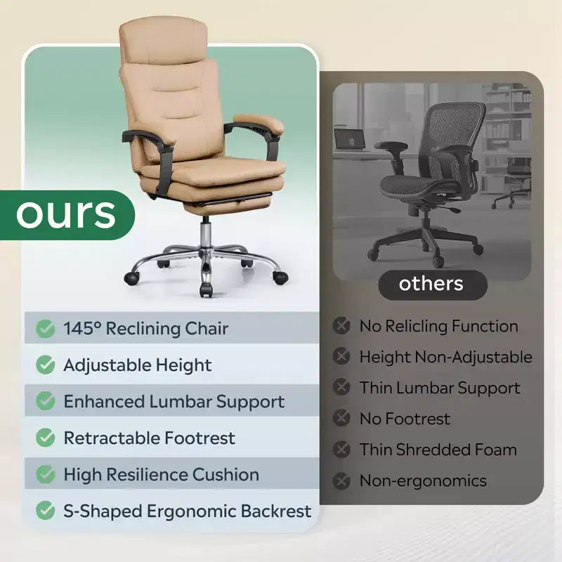 Executive Leather Home Office Chair with Footrest, High Back Ergonomic Desk Chair, Big and Tall with Lumbar Support