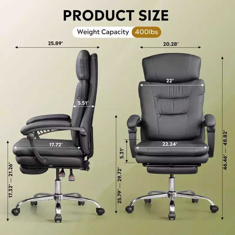 Executive Leather Home Office Chair with Footrest, High Back Ergonomic Desk Chair, Big and Tall with Lumbar Support