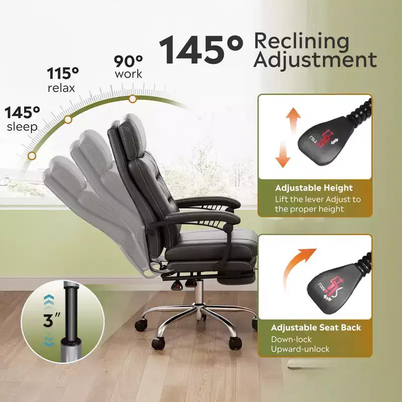 Executive Leather Home Office Chair with Footrest, High Back Ergonomic Desk Chair, Big and Tall with Lumbar Support
