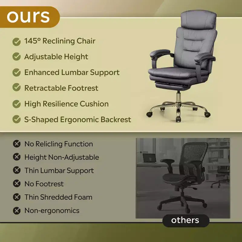 Executive Leather Home Office Chair with Footrest, High Back Ergonomic Desk Chair, Big and Tall with Lumbar Support