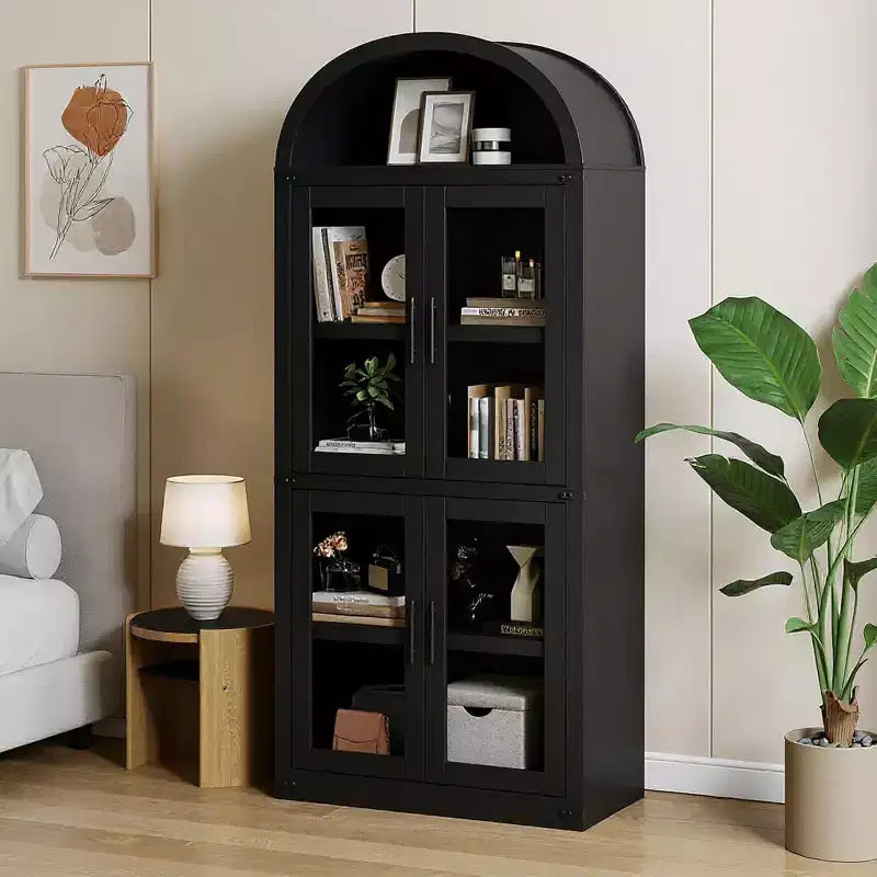 72 Arched Farmhouse Bookshelf - 5 Shelves Tall Wooden Display Cabinet, Glass/Wood Door Storage Cabinet