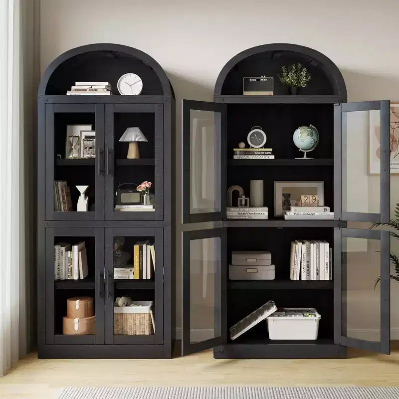 72 Arched Farmhouse Bookshelf - 5 Shelves Tall Wooden Display Cabinet, Glass/Wood Door Storage Cabinet