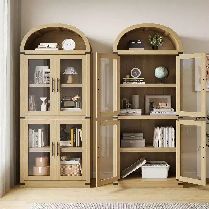72 Arched Farmhouse Bookshelf - 5 Shelves Tall Wooden Display Cabinet, Glass/Wood Door Storage Cabinet