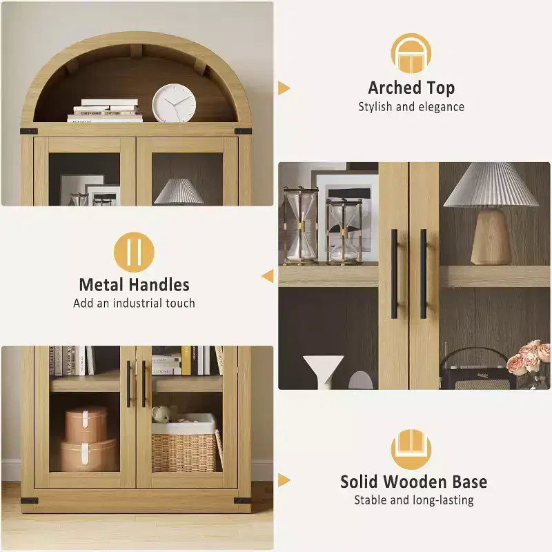 72 Arched Farmhouse Bookshelf - 5 Shelves Tall Wooden Display Cabinet, Glass/Wood Door Storage Cabinet