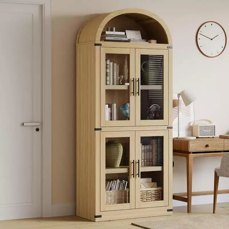 72 Arched Farmhouse Bookshelf - 5 Shelves Tall Wooden Display Cabinet, Glass/Wood Door Storage Cabinet