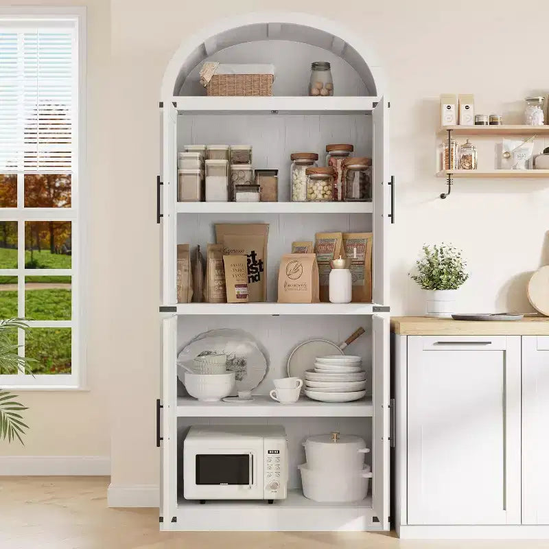 72 Arched Farmhouse Bookshelf - 5 Shelves Tall Wooden Display Cabinet, Glass/Wood Door Storage Cabinet