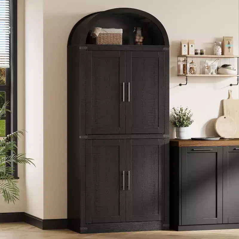 72 Arched Farmhouse Bookshelf - 5 Shelves Tall Wooden Display Cabinet, Glass/Wood Door Storage Cabinet