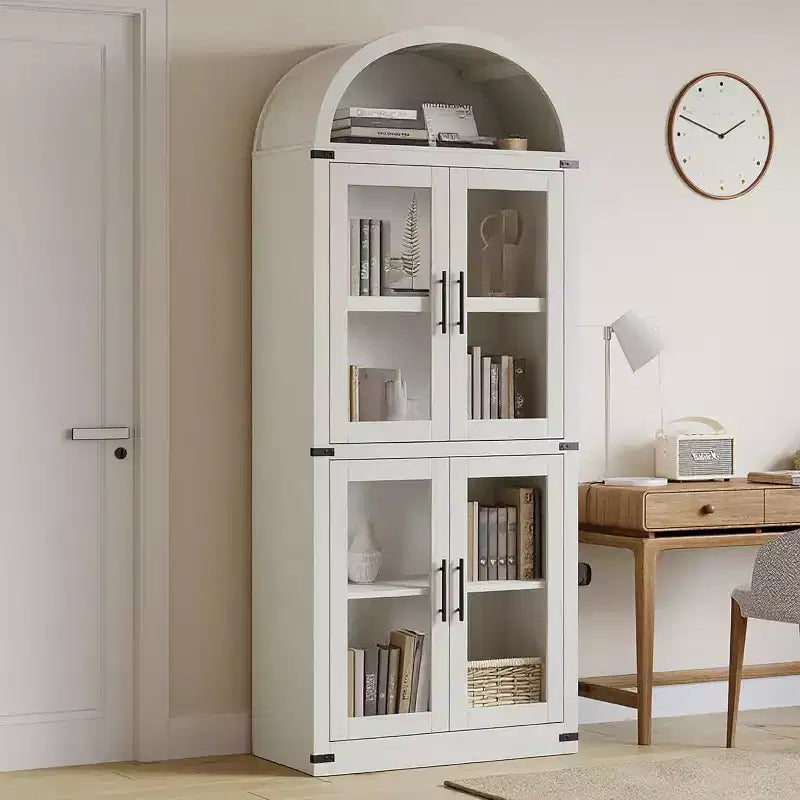 72 Arched Farmhouse Bookshelf - 5 Shelves Tall Wooden Display Cabinet, Glass/Wood Door Storage Cabinet