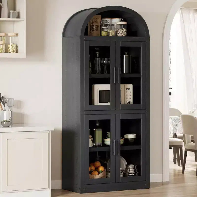 72 Arched Farmhouse Bookshelf - 5 Shelves Tall Wooden Display Cabinet, Glass/Wood Door Storage Cabinet