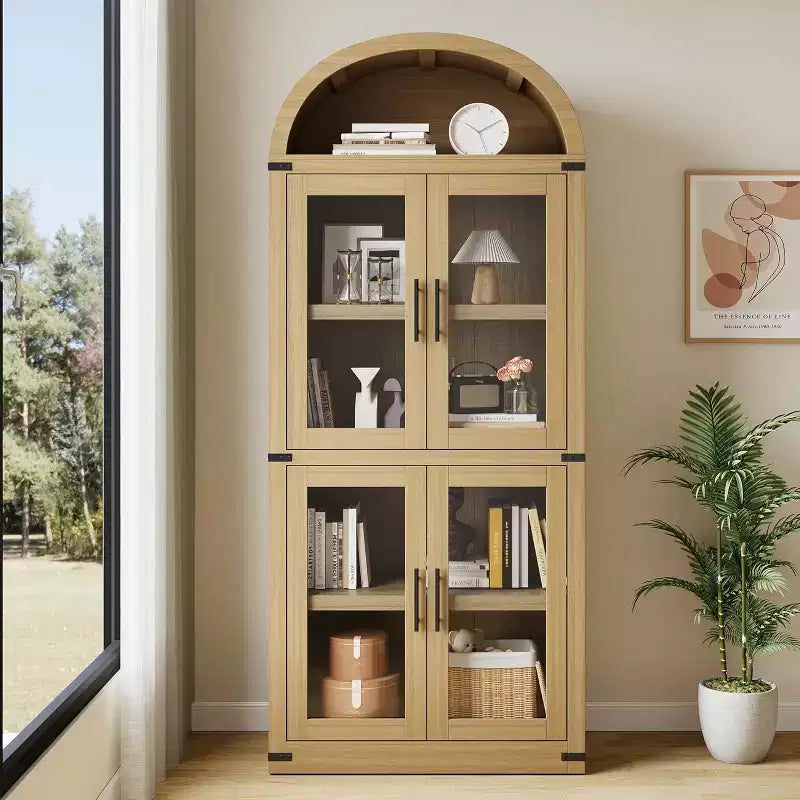 72 Arched Farmhouse Bookshelf - 5 Shelves Tall Wooden Display Cabinet, Glass/Wood Door Storage Cabinet