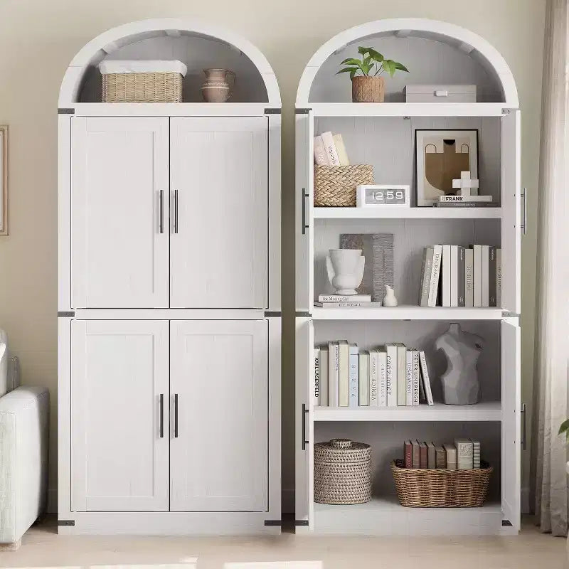 72 Arched Farmhouse Bookshelf - 5 Shelves Tall Wooden Display Cabinet, Glass/Wood Door Storage Cabinet
