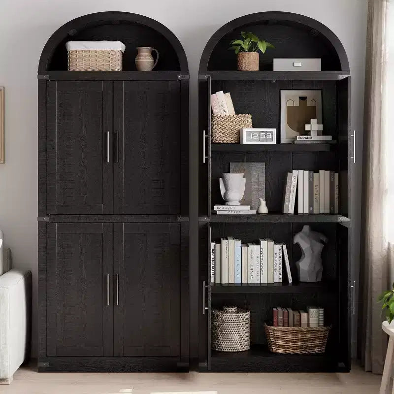 72 Arched Farmhouse Bookshelf - 5 Shelves Tall Wooden Display Cabinet, Glass/Wood Door Storage Cabinet