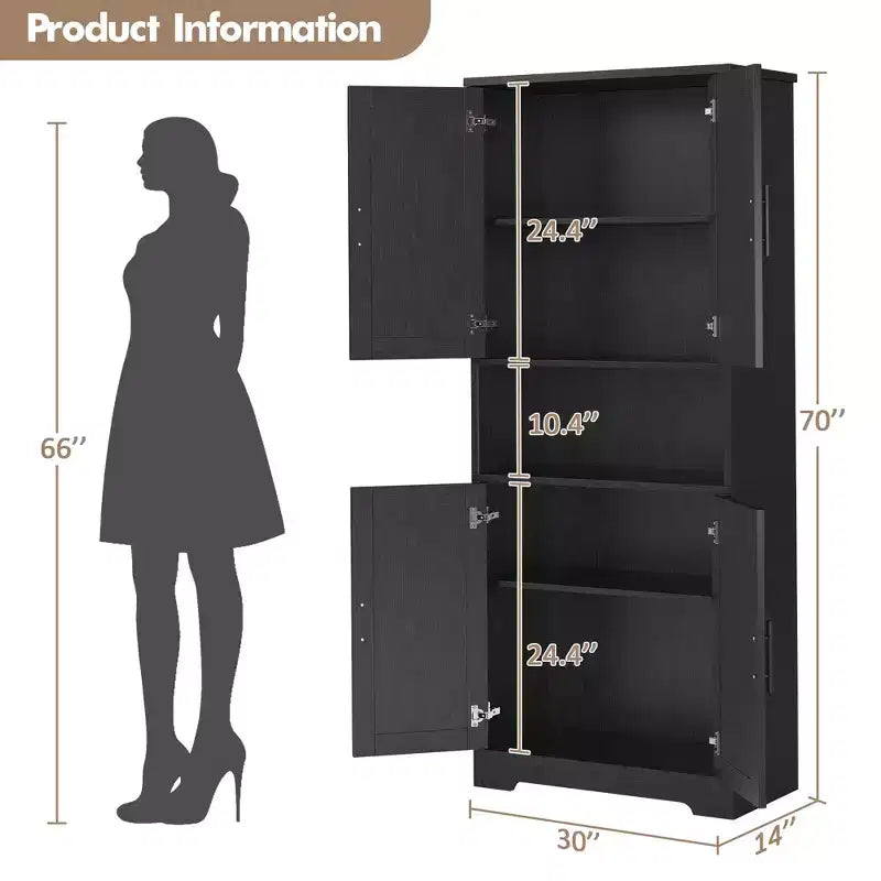 70 Tall Kitchen Pantry Cabinet with Doors and Adjustable Shelves, Freestanding Cupboard