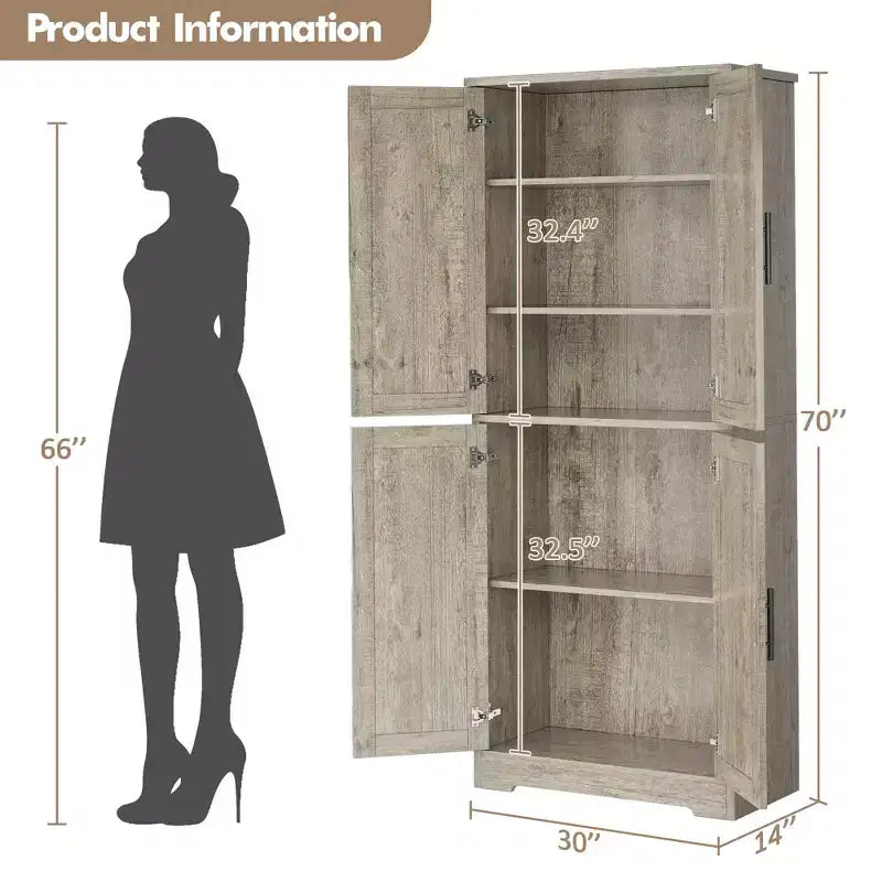 70 Tall Kitchen Pantry Cabinet with Doors and Adjustable Shelves, Freestanding Cupboard
