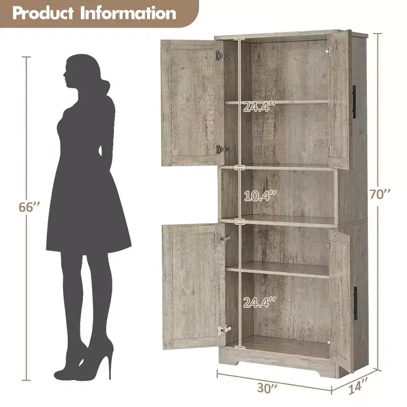 70 Tall Kitchen Pantry Cabinet with Doors and Adjustable Shelves, Freestanding Cupboard